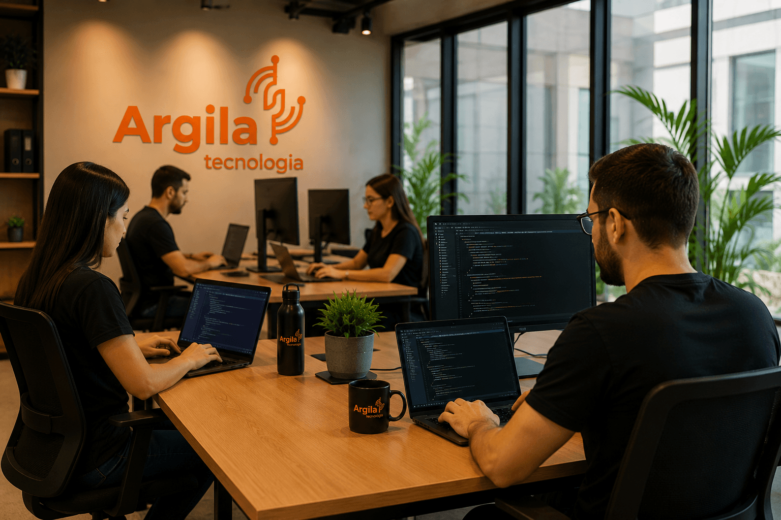 Pessoas trabalhando no escritório da Argila Tecnologia